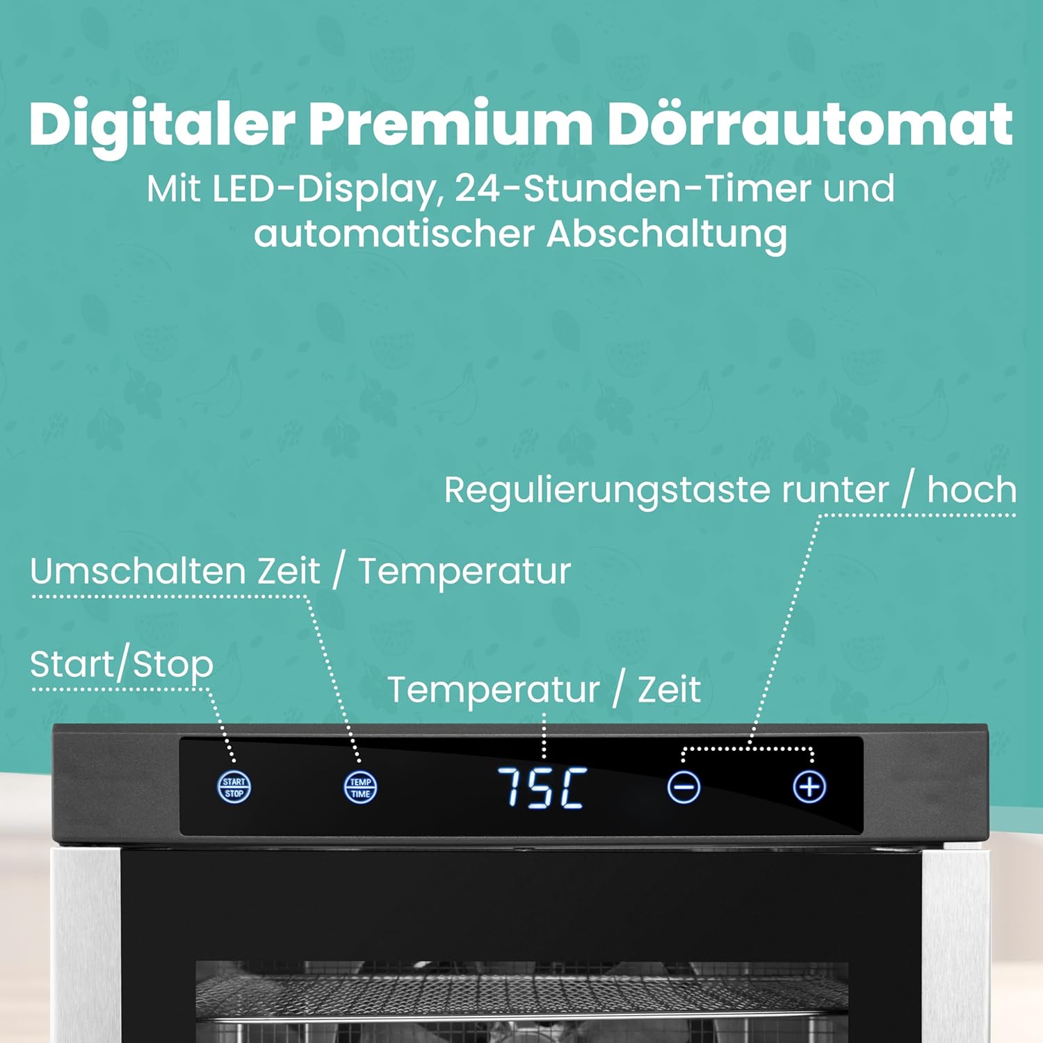 A-rival Dehydrator, Stainless Steel Dehydrator, Touch Control, Professional Dehydrator Stainless Steel, 24 Hour Timer, 6 Drying Trays + 3 Drying Mats, BPA-Free, 35 °C to 75 °C, Quiet Operation, 360°